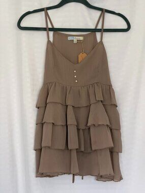 Cecico Taupe Tiered Layered Ruffle Babydoll Cami Tank Top with Pearls - S